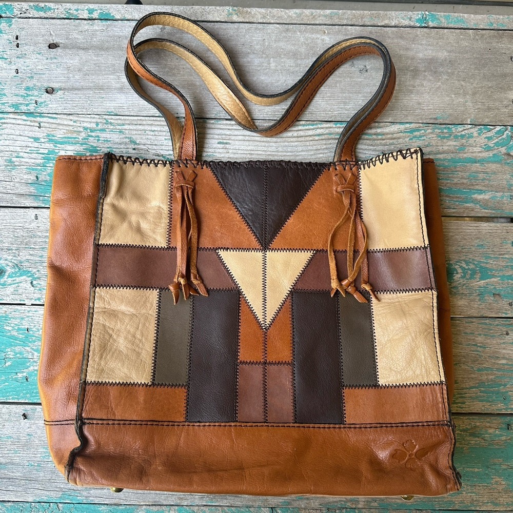Patricia Nash Patchwork Tote Bag Purse 13x11.5 Inch Leather Stitched Brown Cream